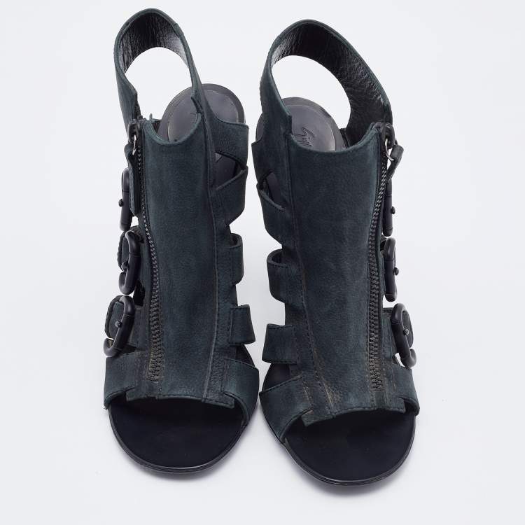 Pre Owned Giuseppe Zanotti Dark Green Nubuck Leather Buckle Detail Caged Sandals Size 37