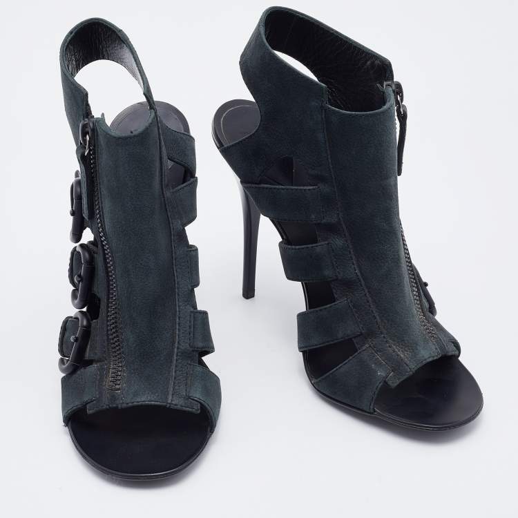 Pre Owned Giuseppe Zanotti Dark Green Nubuck Leather Buckle Detail Caged Sandals Size 37