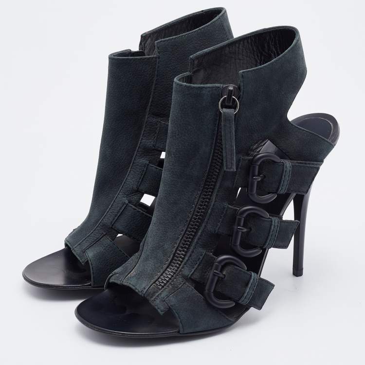 Pre Owned Giuseppe Zanotti Dark Green Nubuck Leather Buckle Detail Caged Sandals Size 37