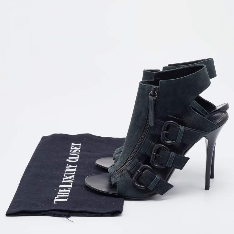 Pre Owned Giuseppe Zanotti Dark Green Nubuck Leather Buckle Detail Caged Sandals Size 37