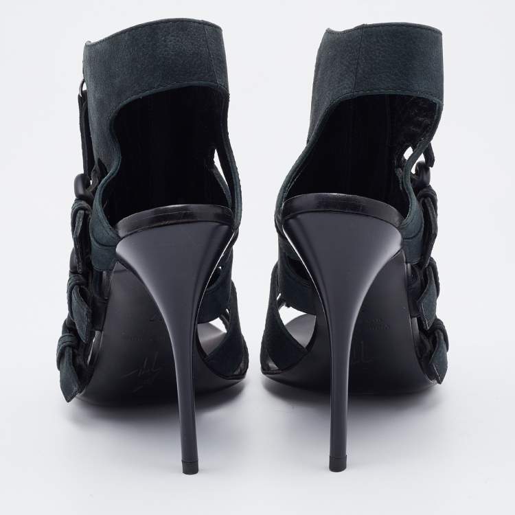 Pre Owned Giuseppe Zanotti Dark Green Nubuck Leather Buckle Detail Caged Sandals Size 37