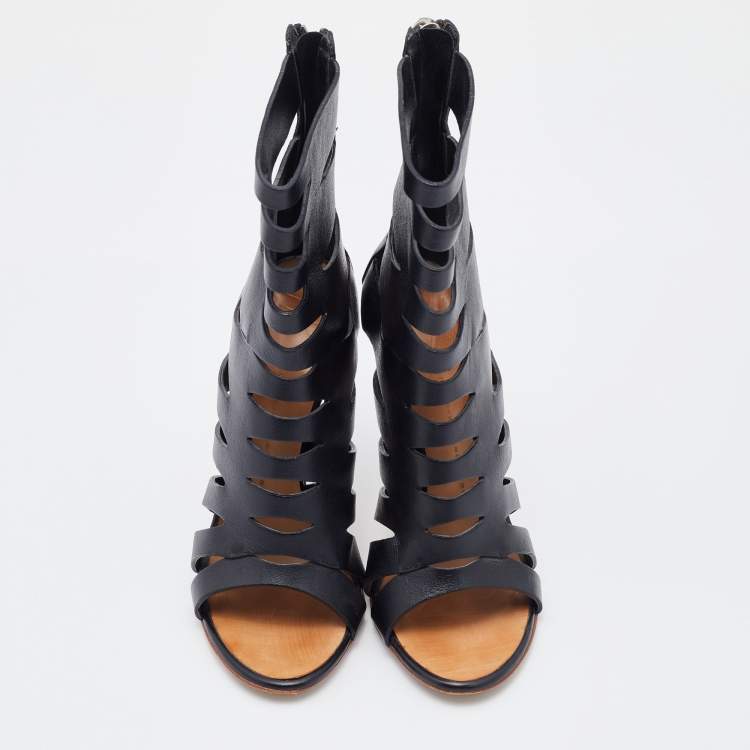 Pre Owned Giuseppe Zanotti Black Leather Cutout Ankle Length Boots Size 37