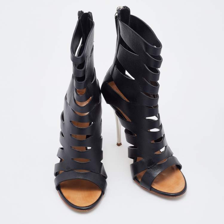 Pre Owned Giuseppe Zanotti Black Leather Cutout Ankle Length Boots Size 37
