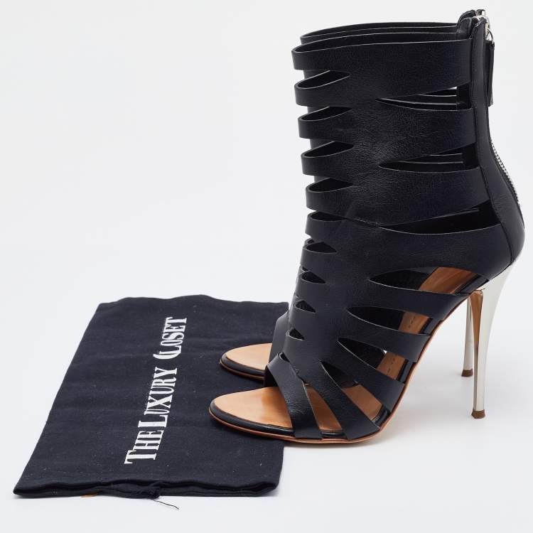 Pre Owned Giuseppe Zanotti Black Leather Cutout Ankle Length Boots Size 37