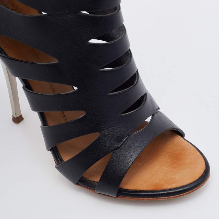 Pre Owned Giuseppe Zanotti Black Leather Cutout Ankle Length Boots Size 37