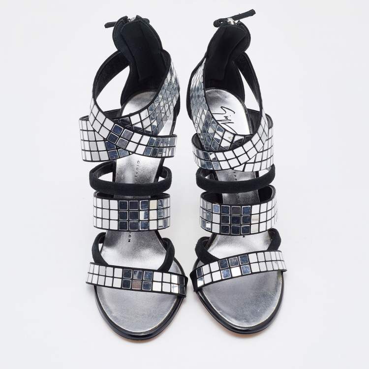 Pre Owned Giuseppe Zanotti Black Suede Mirror Embellished Strappy Sandals Size 37