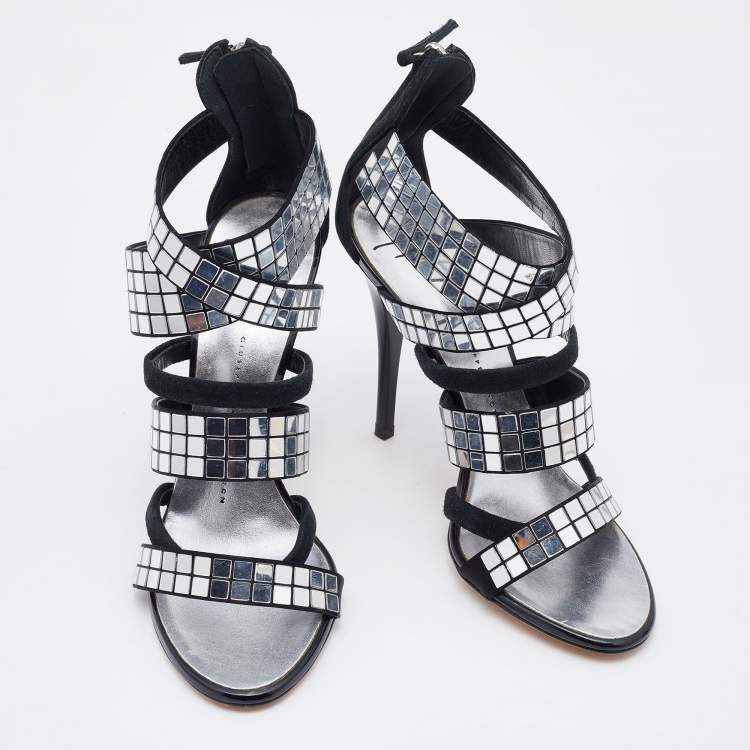 Pre Owned Giuseppe Zanotti Black Suede Mirror Embellished Strappy Sandals Size 37