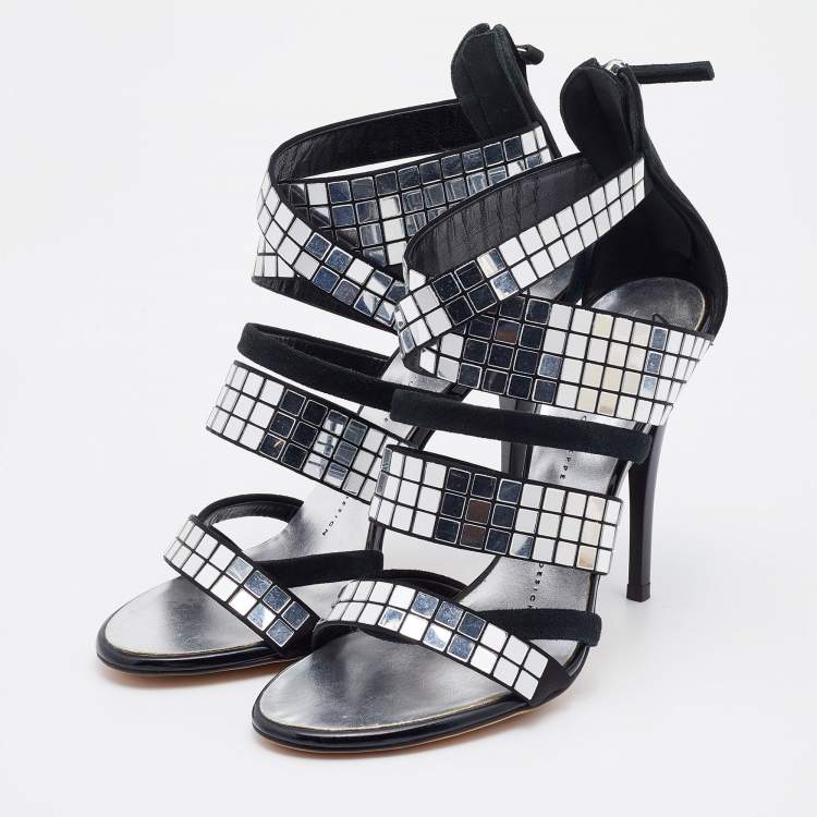 Pre Owned Giuseppe Zanotti Black Suede Mirror Embellished Strappy Sandals Size 37
