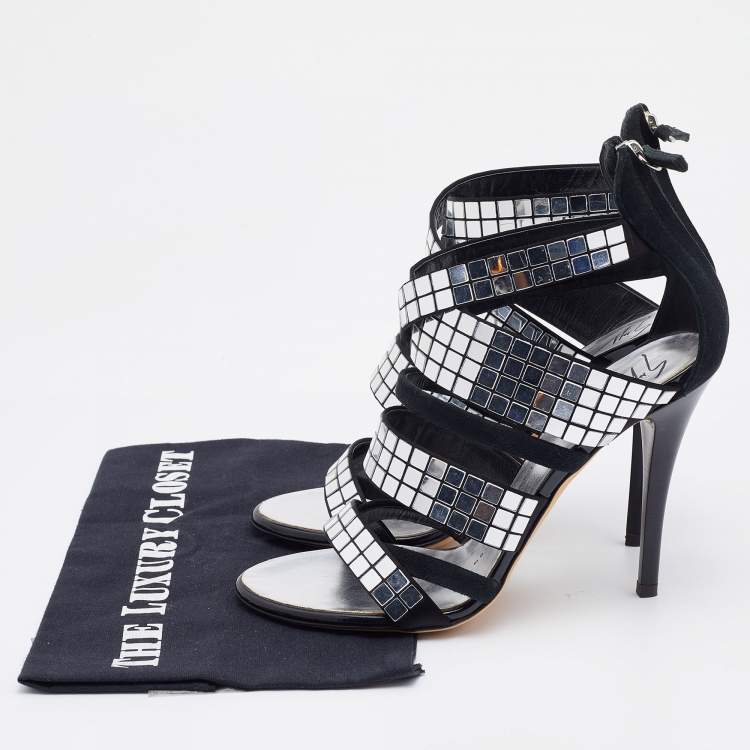 Pre Owned Giuseppe Zanotti Black Suede Mirror Embellished Strappy Sandals Size 37