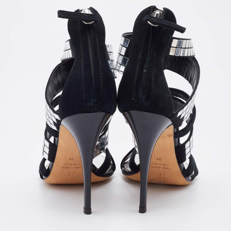 Pre Owned Giuseppe Zanotti Black Suede Mirror Embellished Strappy Sandals Size 37