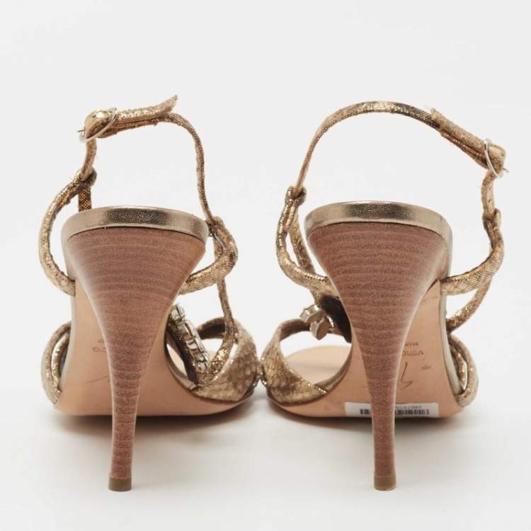 مملوكة مسبقًا Giuseppe Zanotti Gold Textured Suede Crystal Embellished Ankle Strap Sandals Size 39