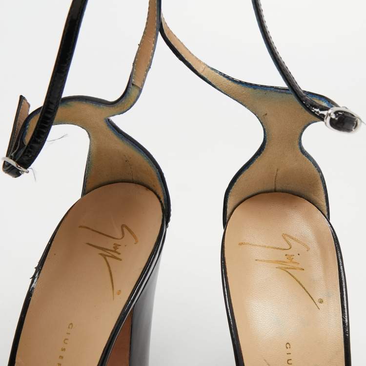 Pre Owned Giuseppe Zanotti Black Patent Leather Crisscross Ankle Strap Sandals Size 39