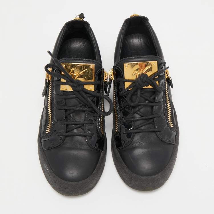 Pre Owned Giuseppe Zanotti Black Patent and Leather Frankie Low Top Sneakers Size 38