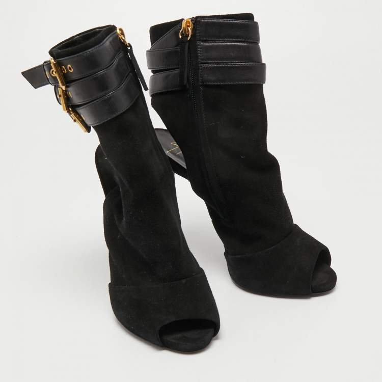Pre Owned Giuseppe Zanotti Black Suede Cutout Peep Toe Ankle Boots Size 38