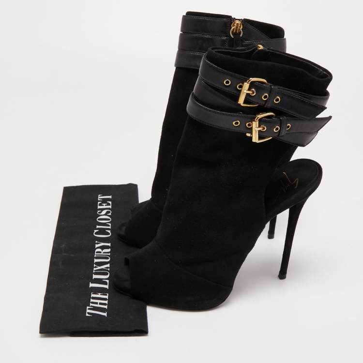 Pre Owned Giuseppe Zanotti Black Suede Cutout Peep Toe Ankle Boots Size 38