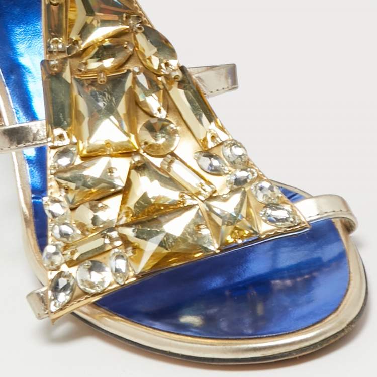 Pre Owned Giuseppe Zanotti Black/Gold Patent and Leather Crystal Embellished Wedge Sandals Size 40