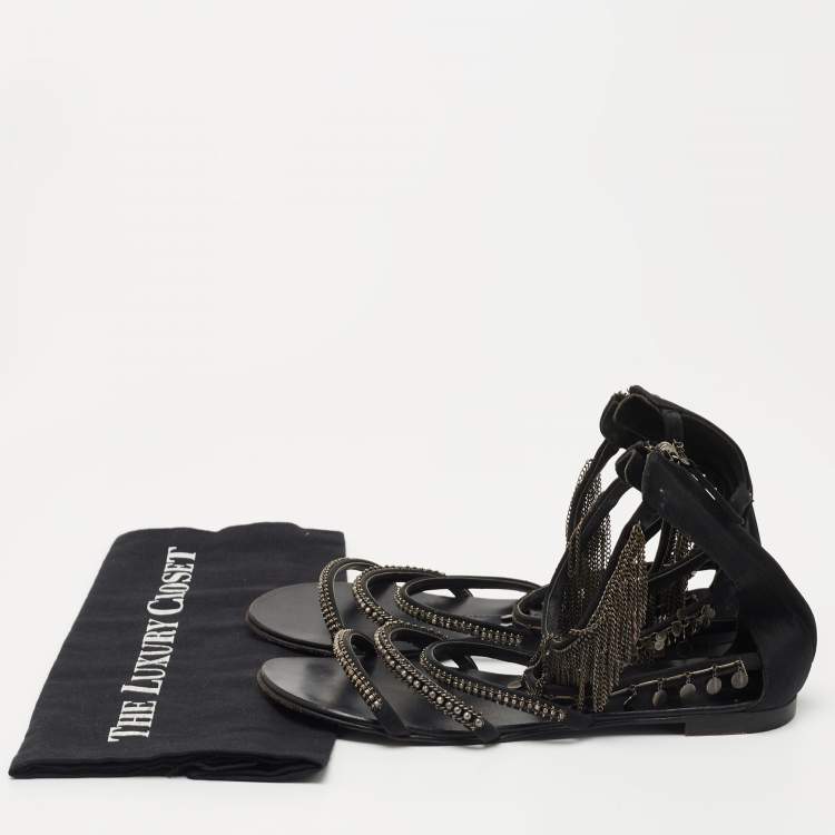 Pre Owned Giuseppe Zanotti Black Satin Chain Embellished Strappy Flat Sandals Size 38