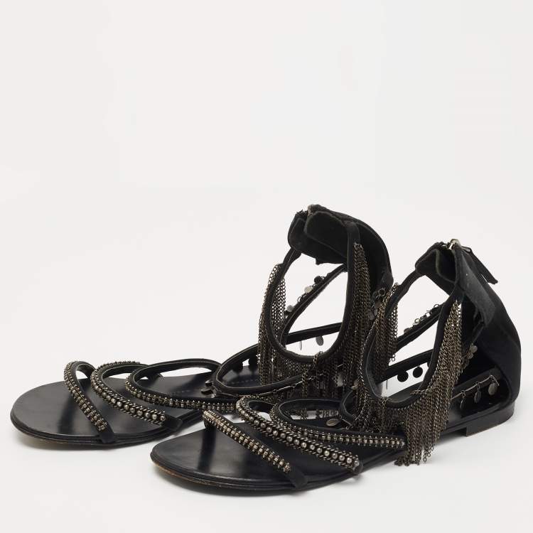 Pre Owned Giuseppe Zanotti Black Satin Chain Embellished Strappy Flat Sandals Size 38