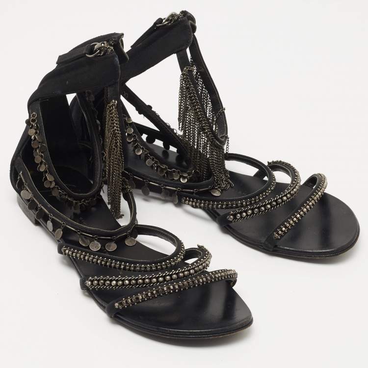 Pre Owned Giuseppe Zanotti Black Satin Chain Embellished Strappy Flat Sandals Size 38