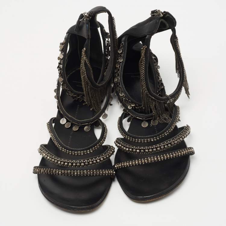Pre Owned Giuseppe Zanotti Black Satin Chain Embellished Strappy Flat Sandals Size 38