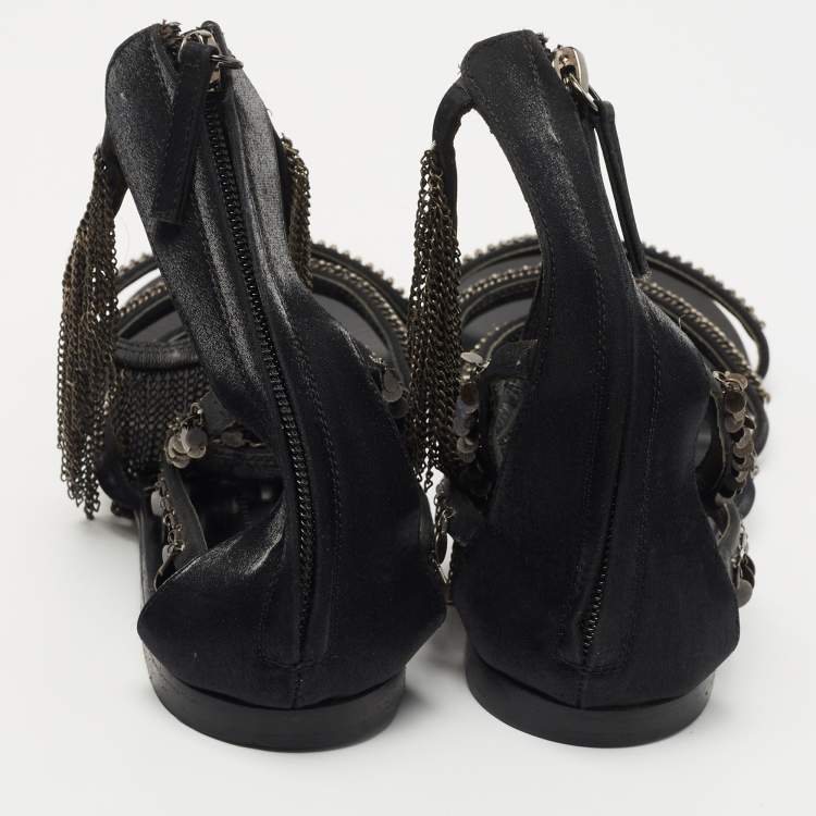 Pre Owned Giuseppe Zanotti Black Satin Chain Embellished Strappy Flat Sandals Size 38