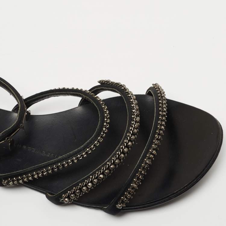 Pre Owned Giuseppe Zanotti Black Satin Chain Embellished Strappy Flat Sandals Size 38