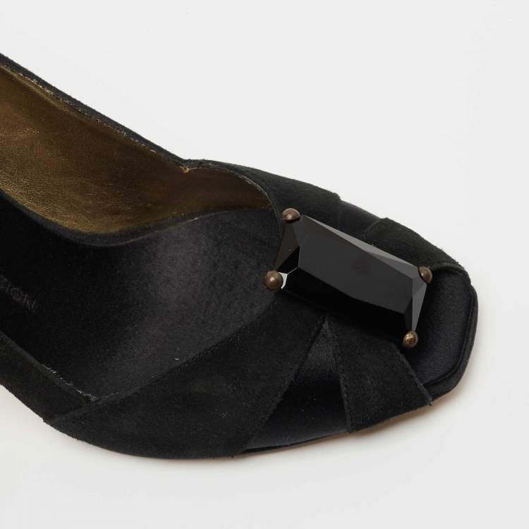 Pre Owned Giuseppe Zanotti Black Suede and Satin Peep Toe Pumps Size 39
