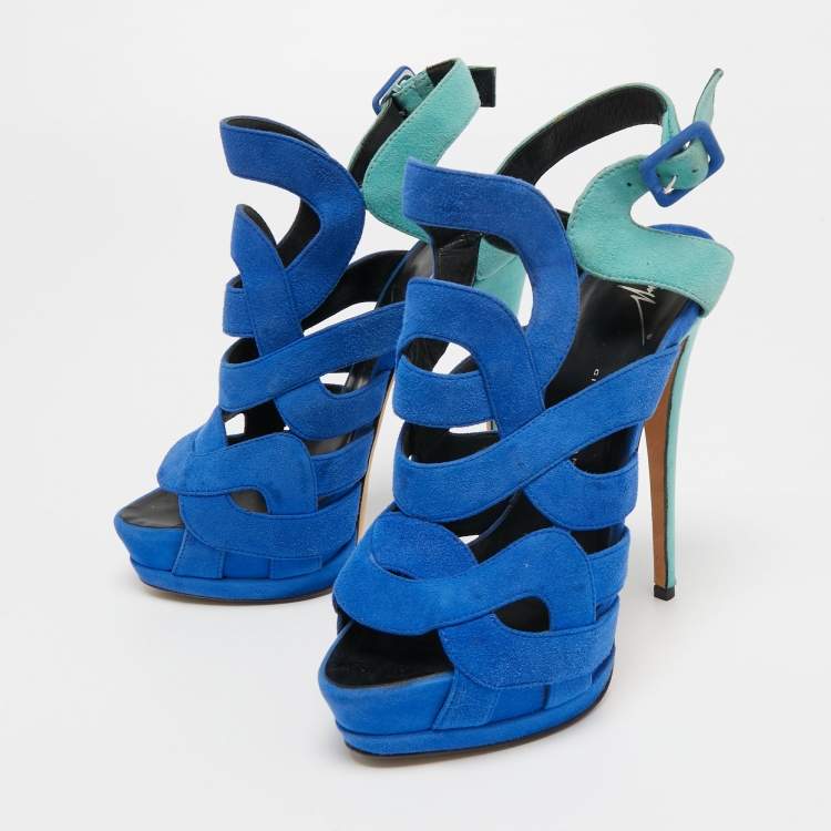 Pre Owned Giuseppe Zanotti Two Tone Suede Cutout Ankle Strap Sandals Size 38