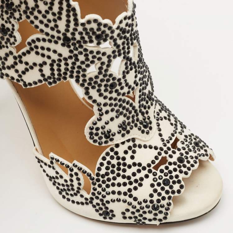 مملوكة مسبقًا Giuseppe Zanotti White/Black La Perla Cut Out Detail Crystal Embellished Booties Size 36