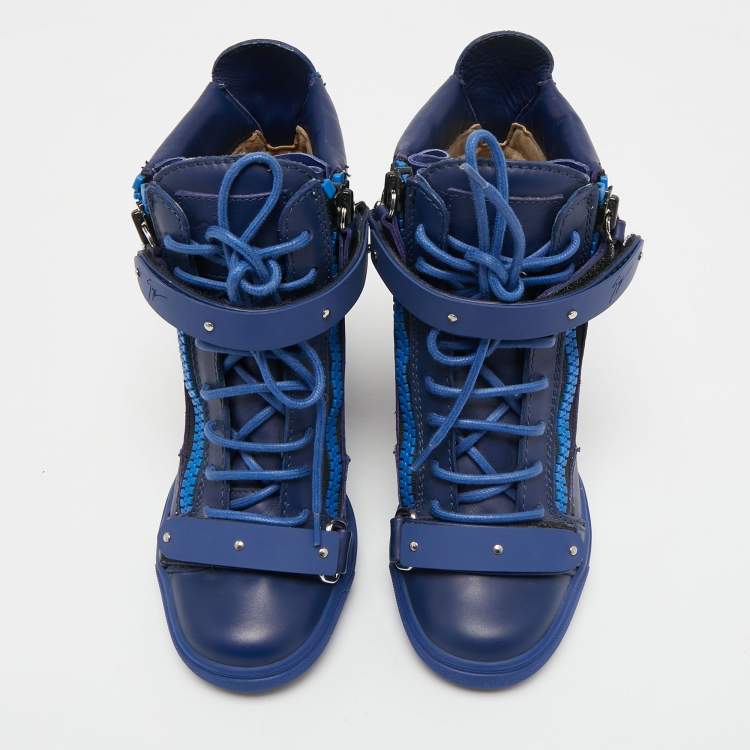 Pre Owned Giuseppe Zanotti Blue Leather Wedges Sneakers Size 36