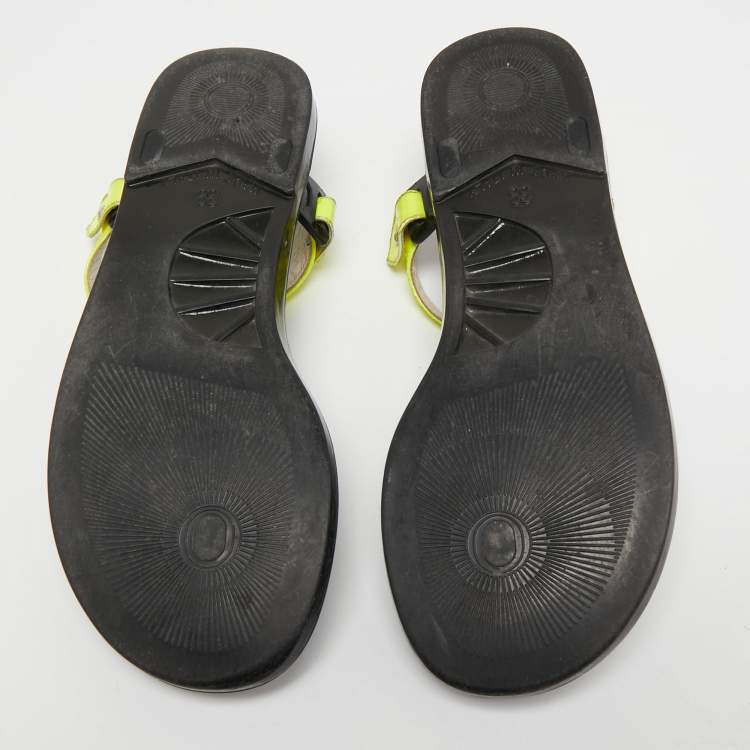 Pre Owned Giuseppe Zanotti Neon Yellow Patent Leather Crystal Embellished Toe Ring Ankle Strap Sandals Size 38