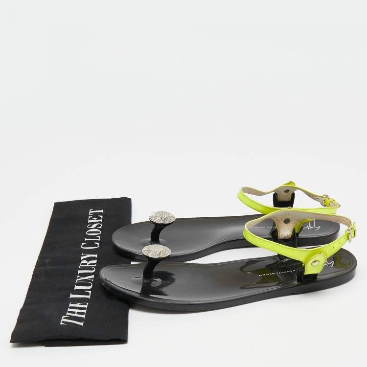 Pre Owned Giuseppe Zanotti Neon Yellow Patent Leather Crystal Embellished Toe Ring Ankle Strap Sandals Size 38