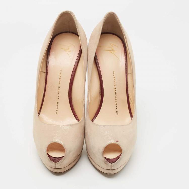 Pre Owned Giuseppe Zanotti Beige Suede Sharon Peep Toe Platform Pumps Size 38