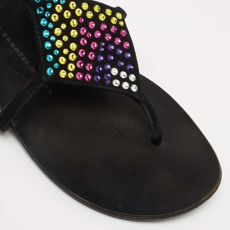 Pre Owned Giuseppe Zanotti Black Suede Crystal Embellished Thong Flat Sandals Size 36