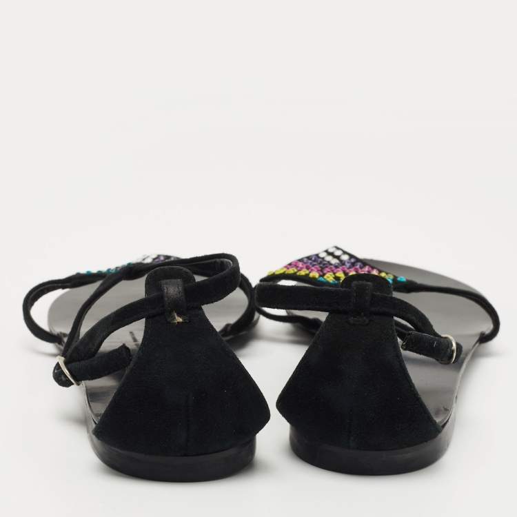 Pre Owned Giuseppe Zanotti Black Suede Crystal Embellished Thong Flat Sandals Size 36
