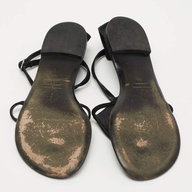 Pre Owned Giuseppe Zanotti Black Suede Crystal Embellished Thong Flat Sandals Size 36