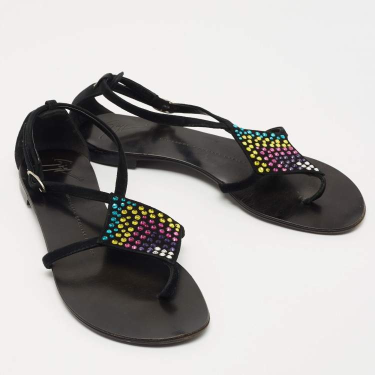 Pre Owned Giuseppe Zanotti Black Suede Crystal Embellished Thong Flat Sandals Size 36