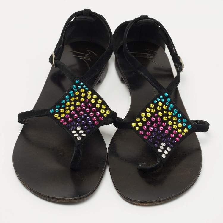 Pre Owned Giuseppe Zanotti Black Suede Crystal Embellished Thong Flat Sandals Size 36
