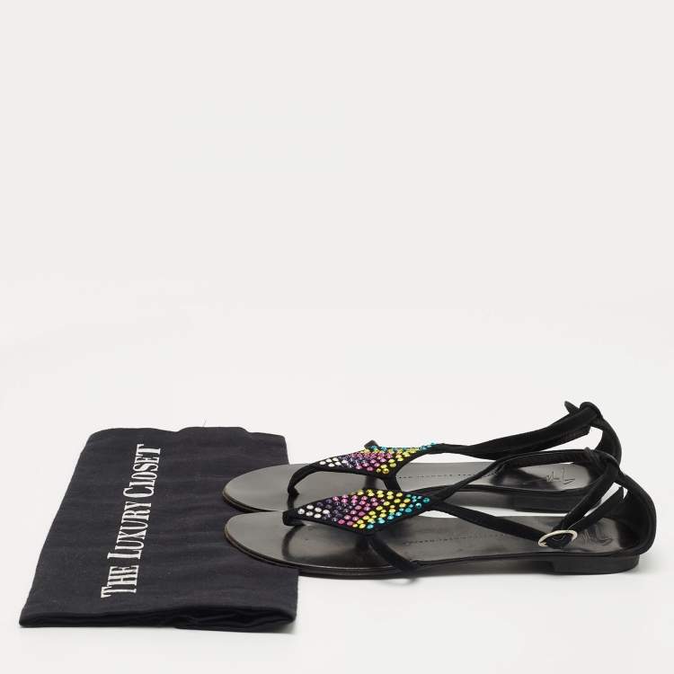 Pre Owned Giuseppe Zanotti Black Suede Crystal Embellished Thong Flat Sandals Size 36