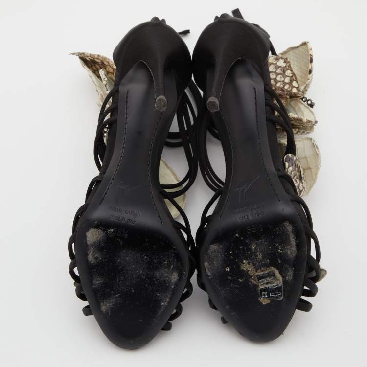 Pre Owned Giuseppe Zanotti Black/Beige Satin and Python Leather Flower Applique Ankle Strap Sandals Size 38.5