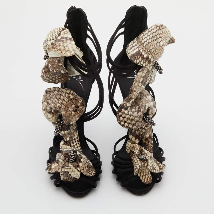 Pre Owned Giuseppe Zanotti Black/Beige Satin and Python Leather Flower Applique Ankle Strap Sandals Size 38.5