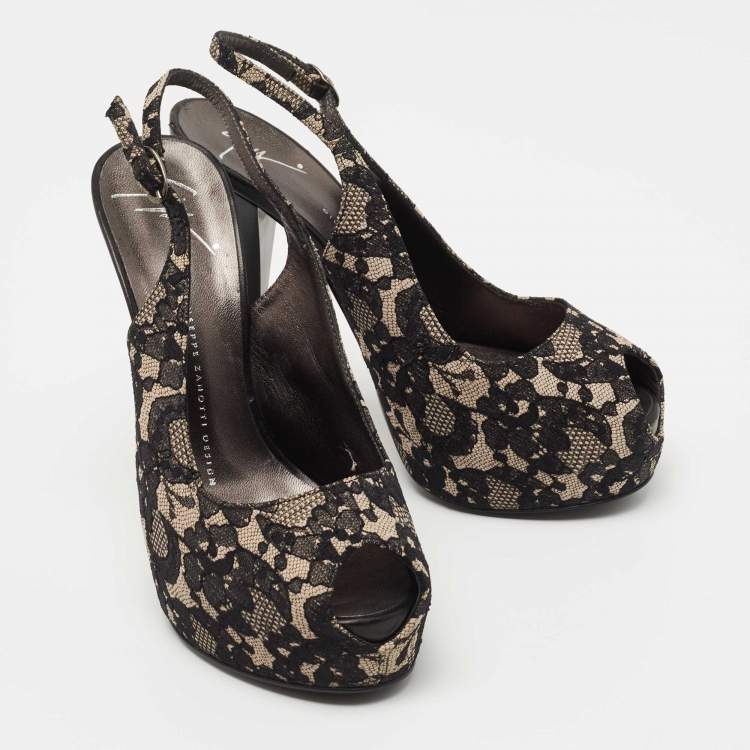 Pre Owned Giuseppe Zanotti Black/Grey Lace Platform Slingback Pumps Size 38