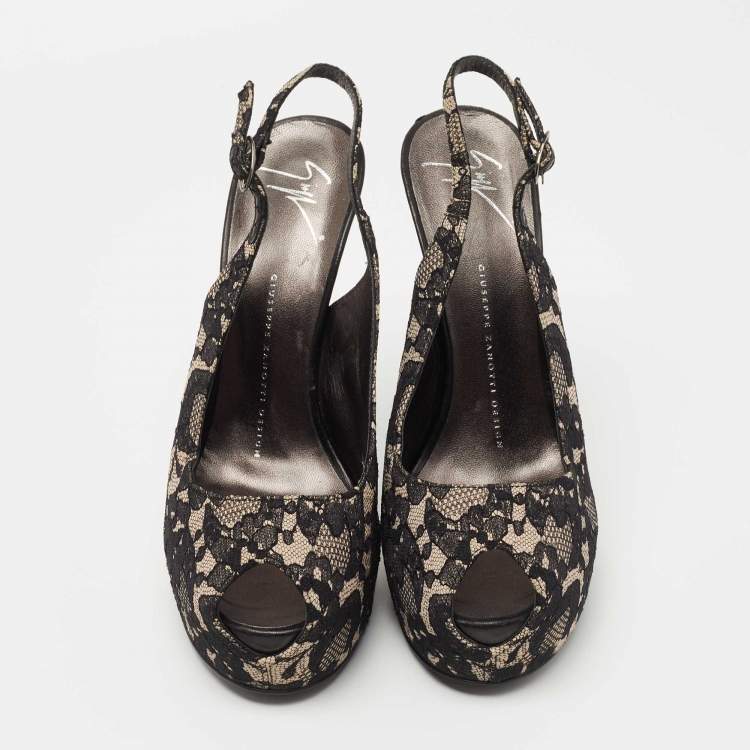 Pre Owned Giuseppe Zanotti Black/Grey Lace Platform Slingback Pumps Size 38