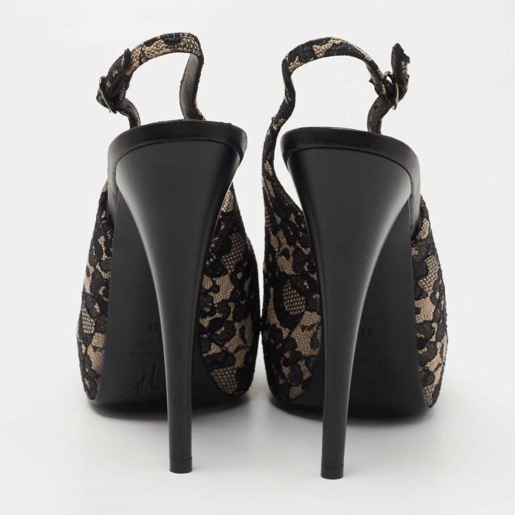 Pre Owned Giuseppe Zanotti Black/Grey Lace Platform Slingback Pumps Size 38