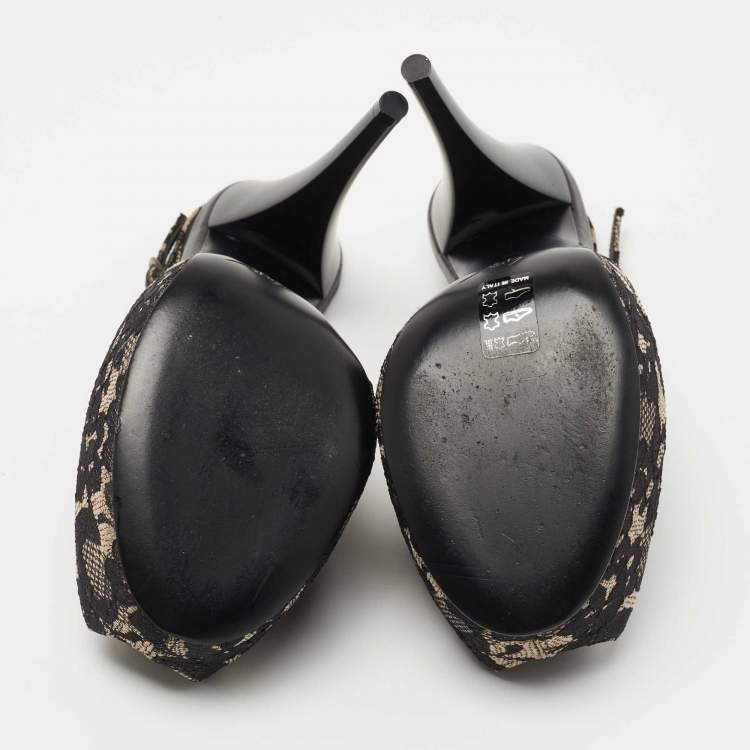 Pre Owned Giuseppe Zanotti Black/Grey Lace Platform Slingback Pumps Size 38