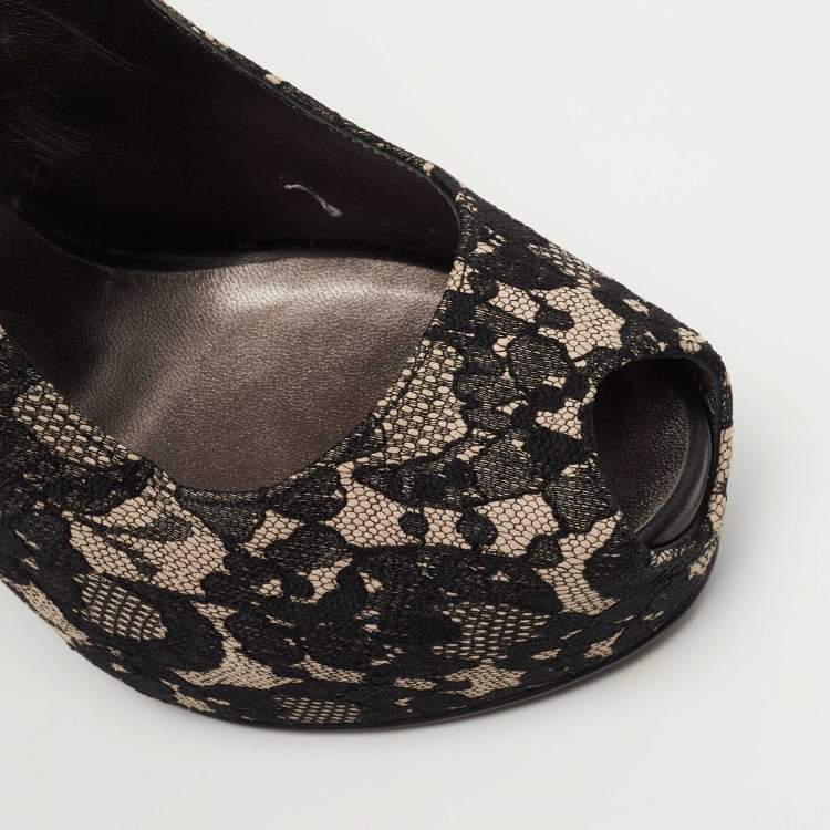 Pre Owned Giuseppe Zanotti Black/Grey Lace Platform Slingback Pumps Size 38