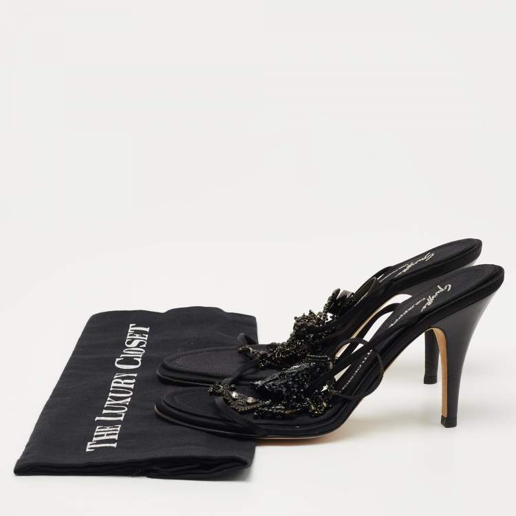 Pre Owned Giuseppe Zanotti Black Satin Embellished Ankle Strap Sandals Size 38.5