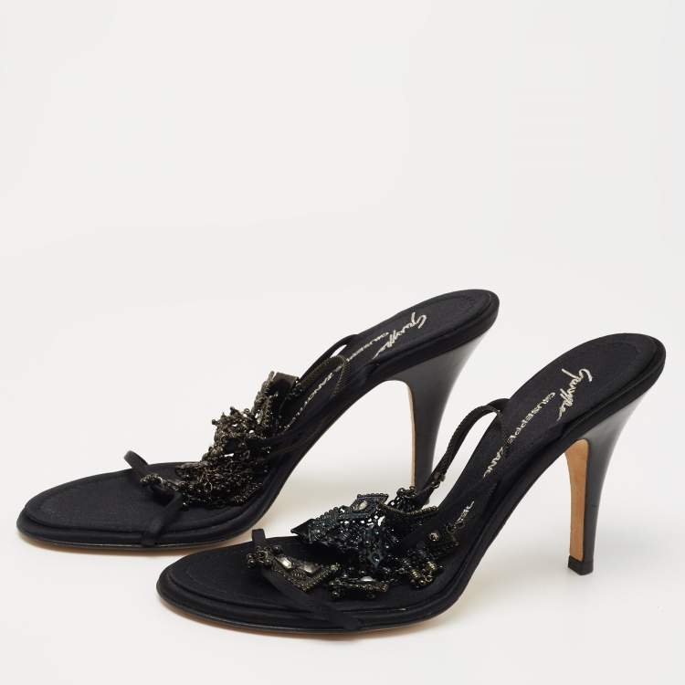 Pre Owned Giuseppe Zanotti Black Satin Embellished Ankle Strap Sandals Size 38.5