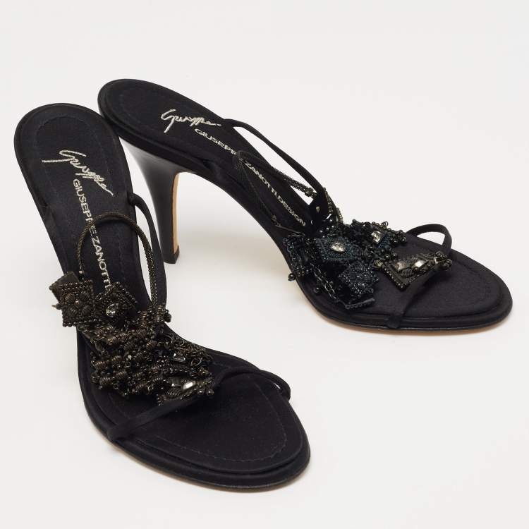 Pre Owned Giuseppe Zanotti Black Satin Embellished Ankle Strap Sandals Size 38.5
