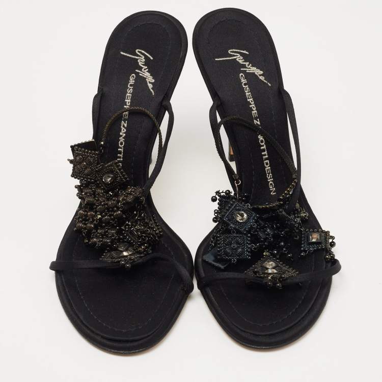 Pre Owned Giuseppe Zanotti Black Satin Embellished Ankle Strap Sandals Size 38.5